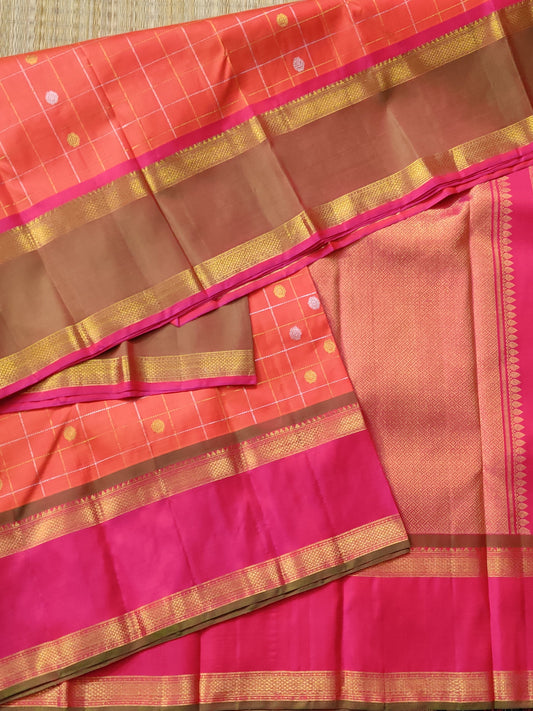 Orange Colour Kanchivaram Silk Saree With Gold & Silver Zari Butta All Over Code : KA0327