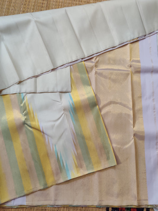 Off White Colour Kanchivaram Silk Saree With Temple Zari Border Code : KA0323