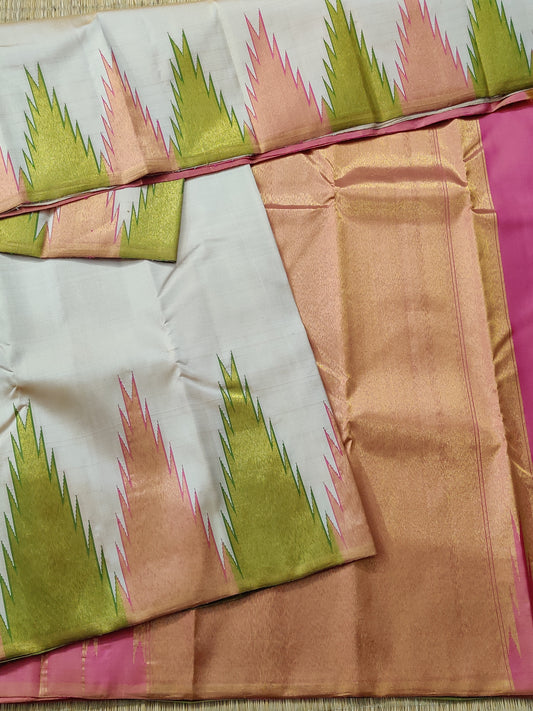 Cream Colour Kanchivaram Silk Saree With Plain Body Code : KA0322
