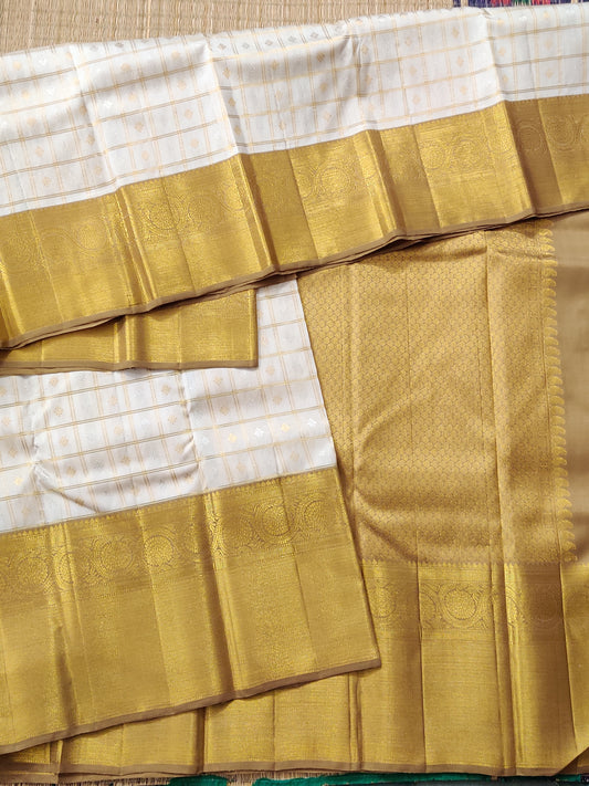 Off White Colour Kanchivaram Silk Saree With Zari Checks & Floral Motif All Over Code : KA0332