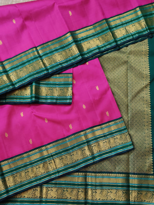 Rani Pink Colour Kanchivaram Silk Saree With Small Peacock Zari Butta All Over Code : KA0329