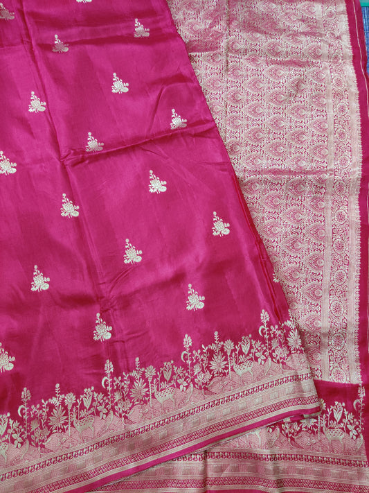 Reddish Pink Colour Semi Mashru Saree With Floral Zari Motif All Over Code : VB0389