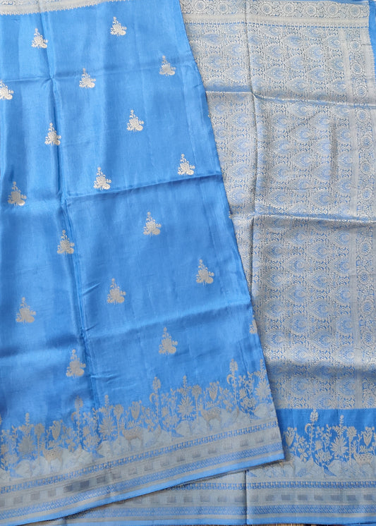 Light Blue Colour Semi Mashru Saree With Floral Print All Over Code : VB0379