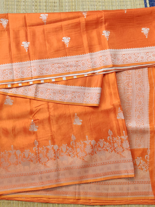 Orange Colour Semi Mashru Saree With Floral Motif All Over Code : VB0378