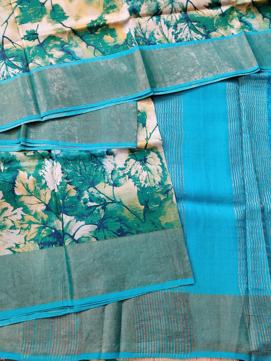 Cream & Green Colour Tussar Silk Saree With Screen Print All Over Code : VB0390