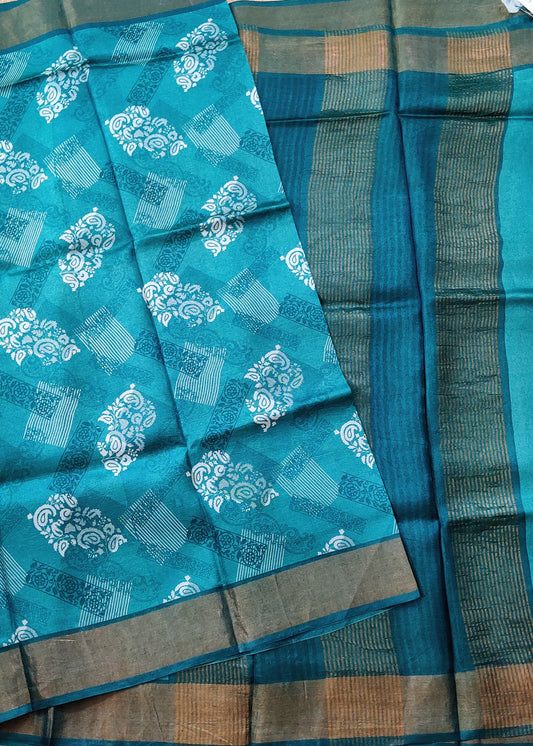 Rama Green Colour Tussar Silk Saree With Screen Print All Over Code : VB0398
