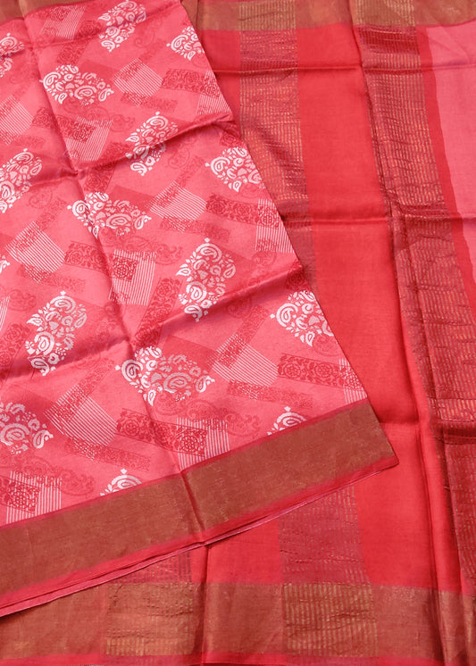 Red Colour Tussar Silk Saree With Screen Printed All Over Code : VB0396