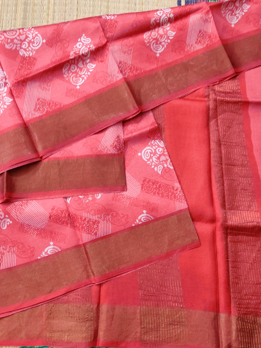 Red Colour Tussar Silk Saree With Screen Printed All Over Code : VB0396