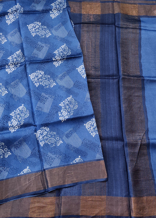 Blue Colour Tussar Silk Saree With Screen Print All Over Code : VB0394