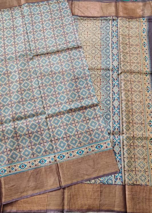 Brown Colour Tussar Silk Saree With Screen Print All Over Code : VB0393