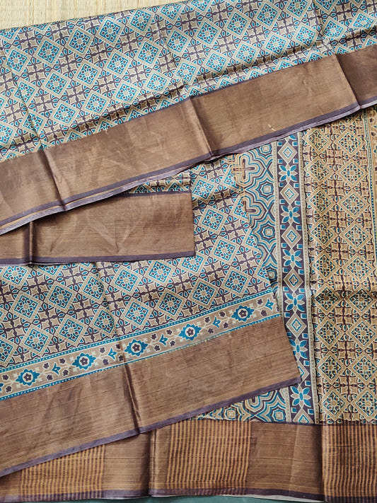 Brown Colour Tussar Silk Saree With Screen Print All Over Code : VB0393