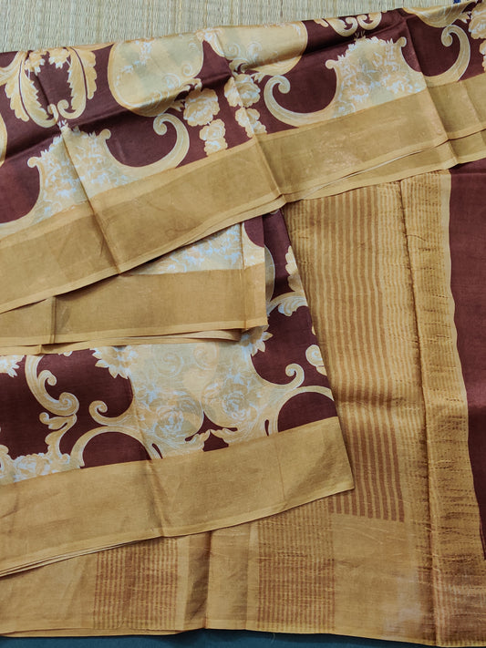 Yellow & Brown Colour Tussar Silk Saree With Screen Print All Over Code : VB0395