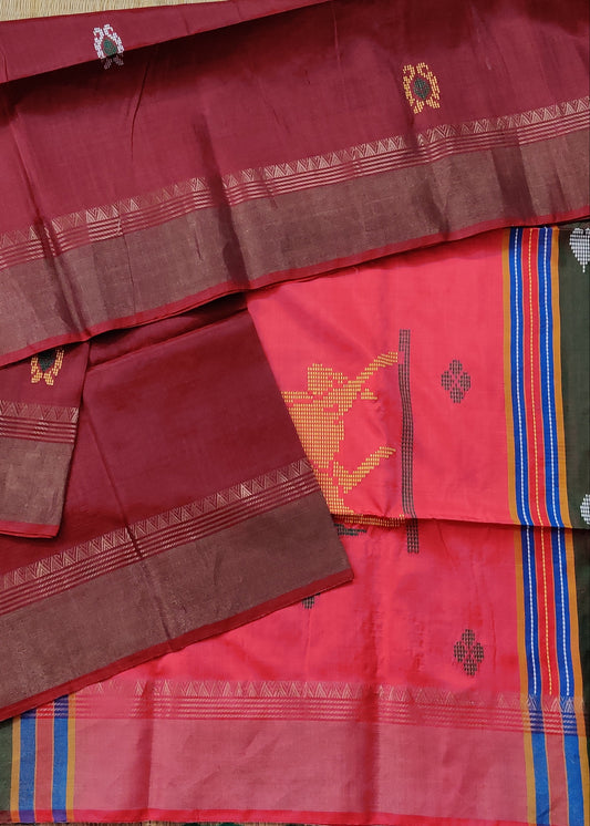 Maroon Colour Bishnupuri Silk Saree With Kantha Work All Over Code : VB0403