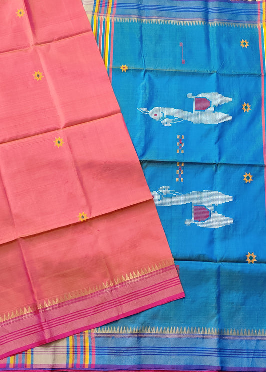 Dual Tone Pink Colour Bishnupuri Silk Saree With Hand Kantha Work All Over : VB0401