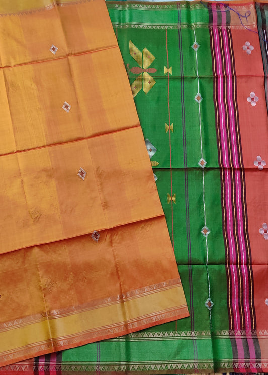 Dual Tone Mango Yellow Colour Bishnupuri Silk Saree With Kantha Work All Over Code : VB0397