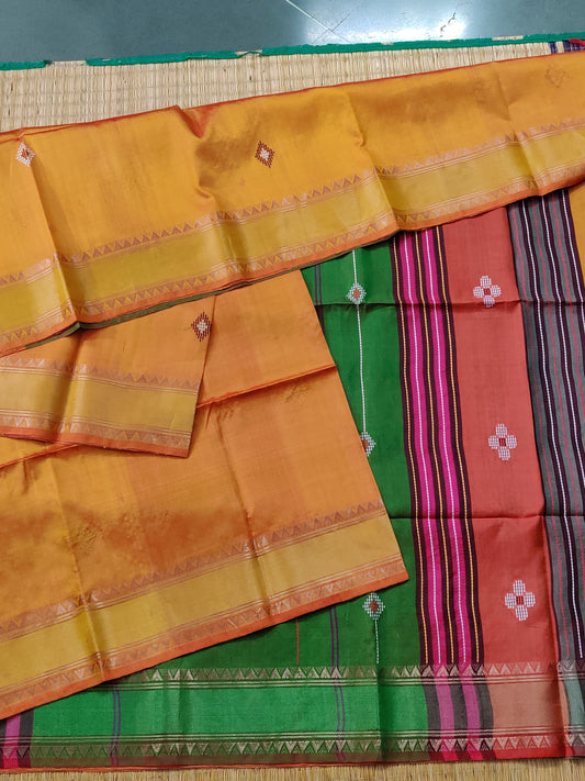 Dual Tone Mango Yellow Colour Bishnupuri Silk Saree With Kantha Work All Over Code : VB0397