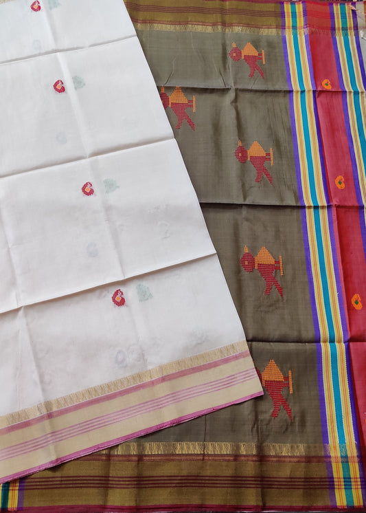 White Colour Bishnupuri Silk Saree With Kantha Work All Over Code : VB0399