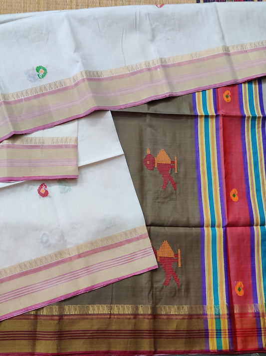 White Colour Bishnupuri Silk Saree With Kantha Work All Over Code : VB0399