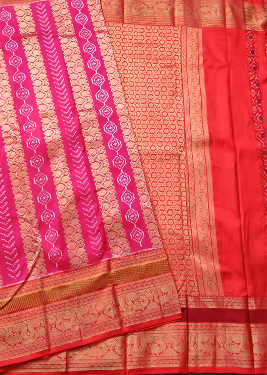 Rani Pink Colour Twill Ikkat Silk Saree With Zari & Ikkat Weving All Over Code : IK019