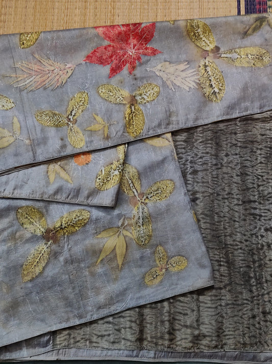 Dark Grey Colour Pure Silk Saree With Natural Eco Print All Over Code : KA0339