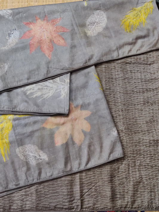 Grey Colour Pure Silk Saree With Natural Eco Print All Over Code : KA0341