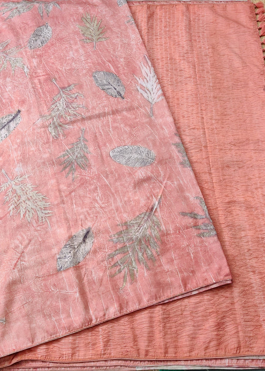 Light Peach Colour Pure Silk Saree With Natural Eco Print All Over Code : KA0337