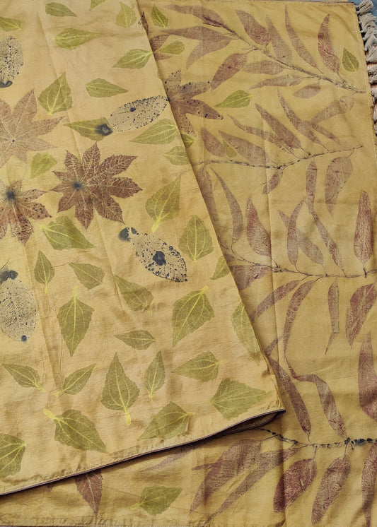 Yelloe Colour pure silk Saree With Eco Print All Over Code : KA0335