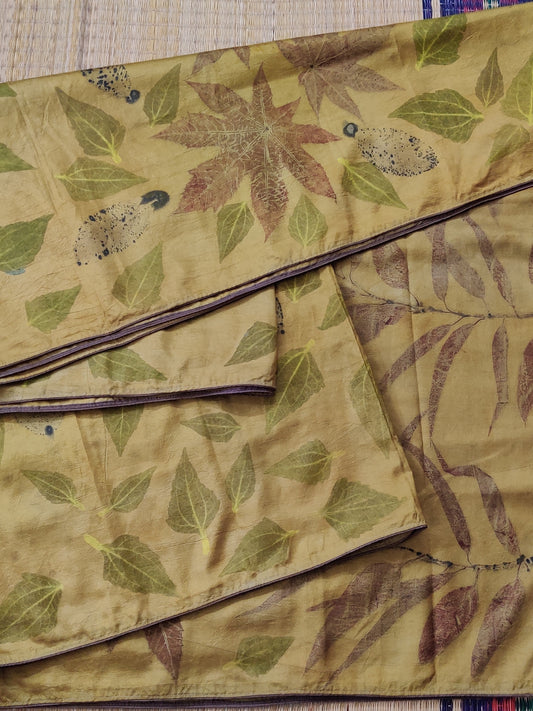 Yelloe Colour pure silk Saree With Eco Print All Over Code : KA0335