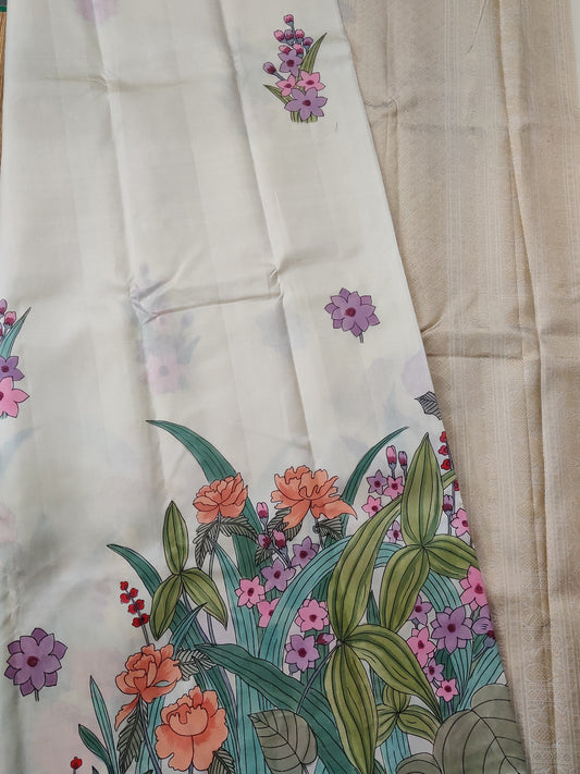 White Colour Pure Silk Pure Zari Kanchivaram Silk Saree With Hand Painting All Over Code : KA0343