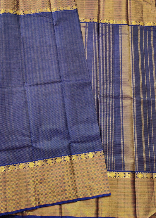 Navy Blue Colour Kanchivaram Silk Zari Stripes All Over Code : KA0347