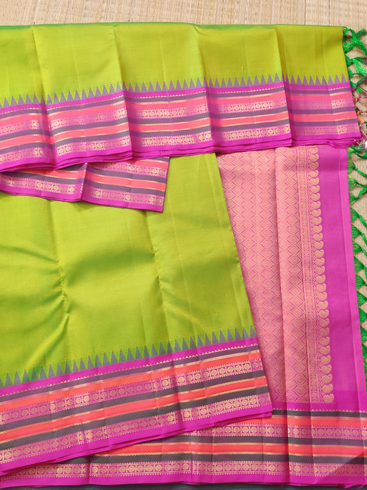Dual Tone Parrot Green Colour Kanchivaram Silk Zari Stripes All Over Code : KA0350