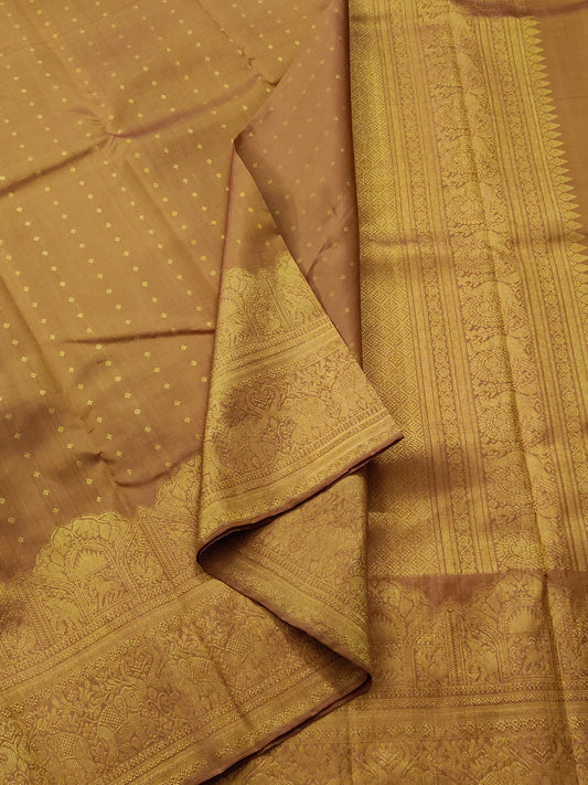 Honey Colour Kanchivaram Silk Saree With Zari Butta All Over Code : KA0354