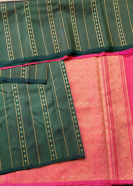 Green Colour Kanchivaram Silk Saree With Zari & Thread Woven Stripes All Over Code : KA0355