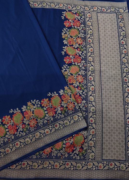Navy Blue Colour Banarasi Saree With Plain Body Code : VB0407