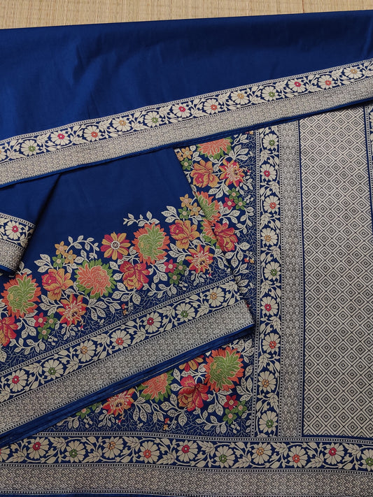 Navy Blue Colour Banarasi Saree With Plain Body Code : VB0407