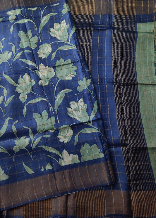 Peacock Blue Colour Tussar Silk Saree With Zari Checks & Digital Floral Print All Over Code : VB0413