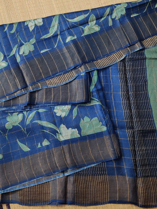 Peacock Blue Colour Tussar Silk Saree With Zari Checks & Digital Floral Print All Over Code : VB0413