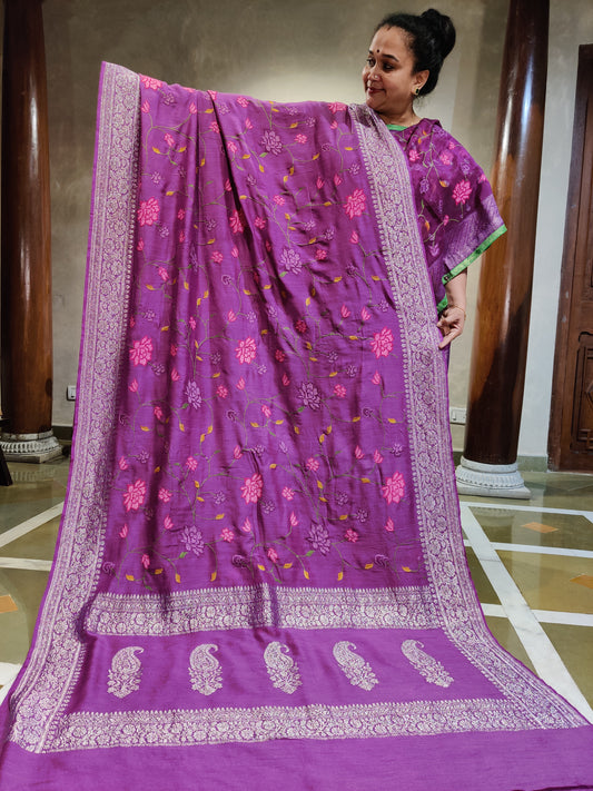 Purplr Colour Muga Silk Saree With Embroidery All Over Code : VB0414