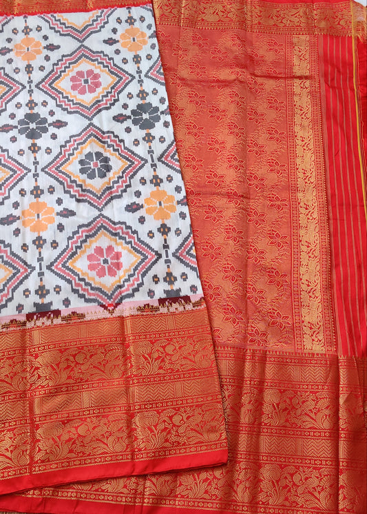 White Colour Ikkat Silk Saree With Ikkat Weaving All Over Code : IK023