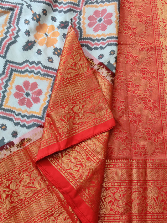 White Colour Ikkat Silk Saree With Ikkat Weaving All Over Code : IK023