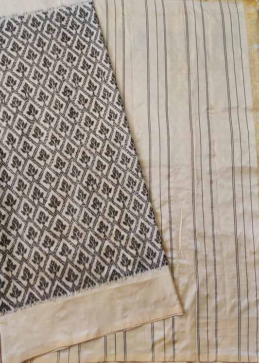 Cream Colour Ikkat Silk Saree With Ikkat Weaving All Over Code : IK024