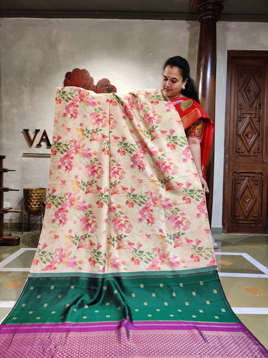 Cream Colour Borderless Kanchivarm Silk Saree With Bougainvillea Flowers Digital Print All Over Code : KA0364