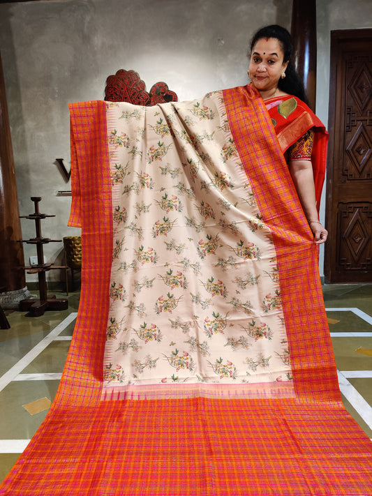 Cream Colour Kanchivram Silk Saree With Floral Digital Print All Over Code : KA0366