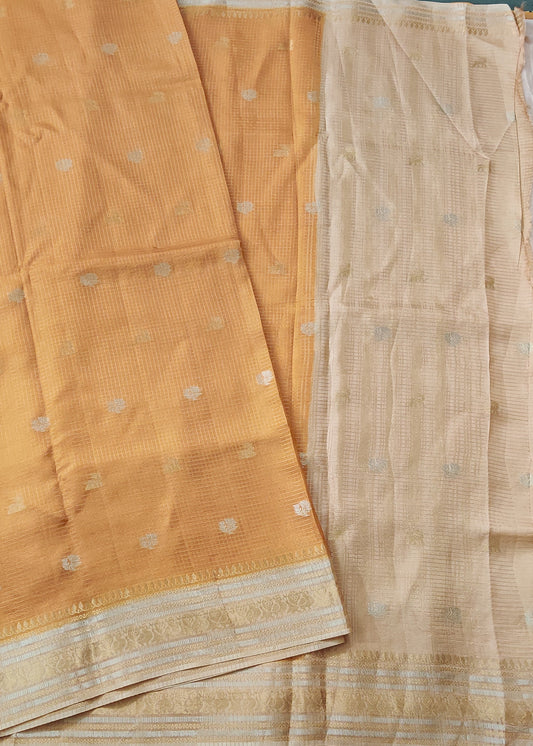 Mustard Yellow Colour Semi Banarasi Saree With Zari Checks & Zari Butta All Over Code : VB0419