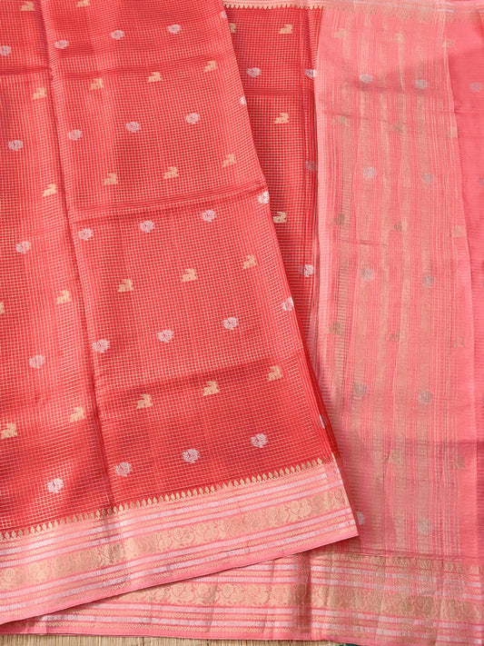 Red Colour Semi Banarasi Saree With Zari Checks & Zari Butta All Over Code : VB0424