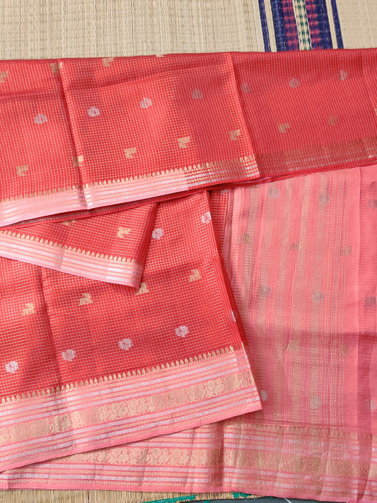Red Colour Semi Banarasi Saree With Zari Checks & Zari Butta All Over Code : VB0424
