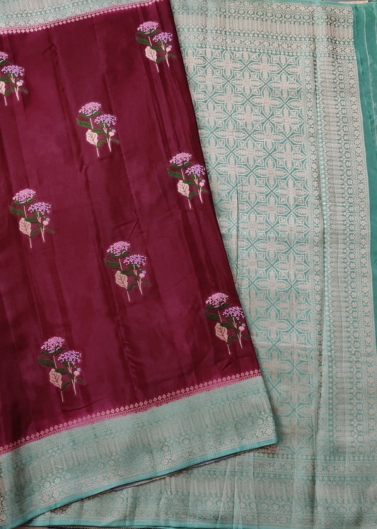 Wine Colour Semi Mashru Saree With Floral Motif All Over Code : VB0435