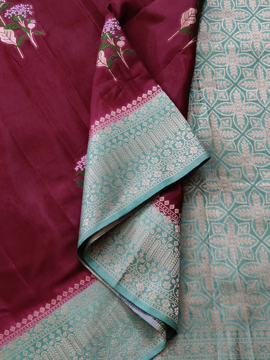 Wine Colour Semi Mashru Saree With Floral Motif All Over Code : VB0435