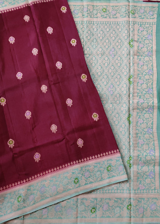Wine Colour Semi Mashru Saree With Floral Motif All Over Code : VB0437