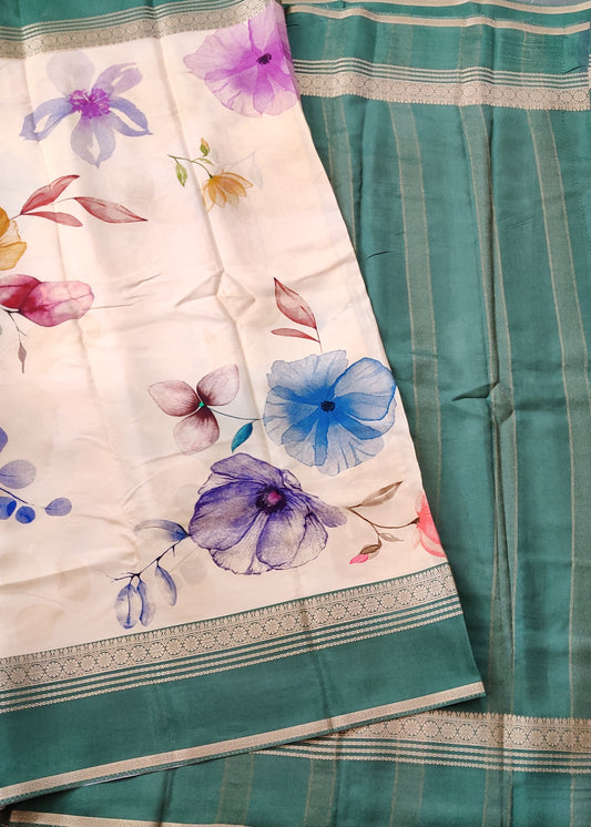 Cream Colour Semi Mysore Crepe Silk Saree With Floral Digital Print All Over Code : VB0442